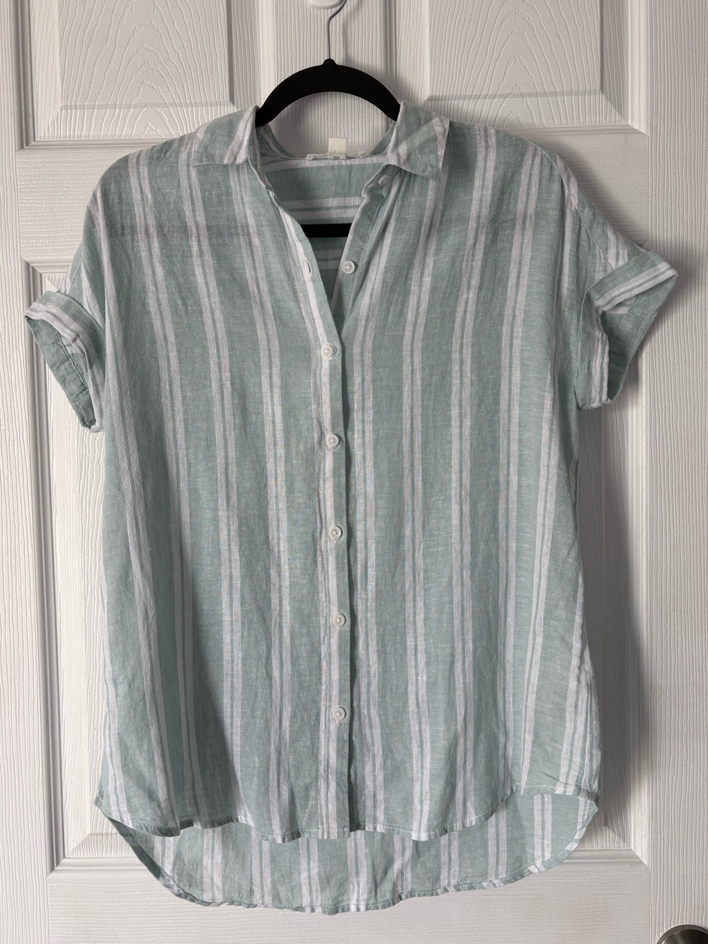Beachlunchlounge Light Green Stripe Button-Up Linen Blend Short Sleeve Top XS